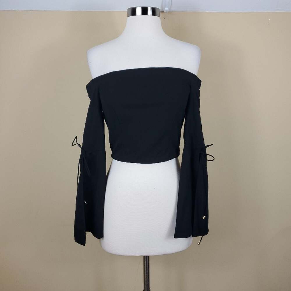 LF Black Off Shoulder Slit Sleeve Crop Top in Black Size M